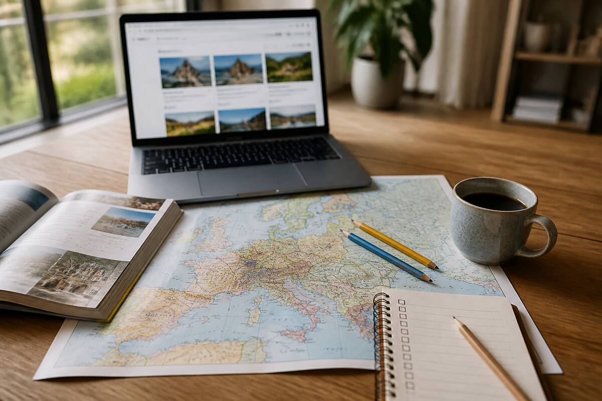 Rustige reisplanning op bureau met laptop, kaart en notitieboek, ideaal voor vakantie vergelijken.